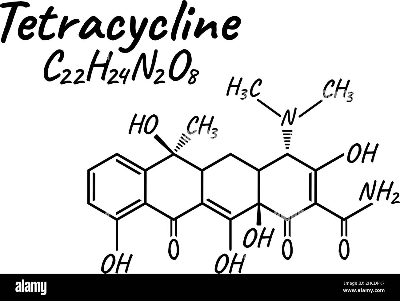 Tetracyclin antibiotische chemische Formel und Zusammensetzung, Konzept strukturelle medizinische Droge, isoliert auf weißem Hintergrund, Vektor-Illustration. Antibakt Stock Vektor