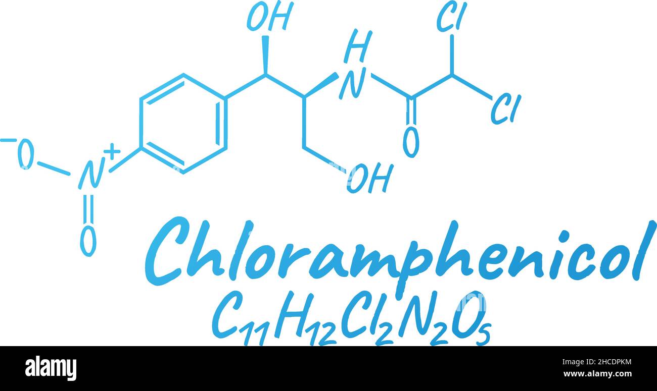 Chloramphenicol antibiotische chemische Formel und Zusammensetzung, Konzept strukturelle medizinische Droge, isoliert auf weißem Hintergrund, Vektor-Illustration. Antib Stock Vektor