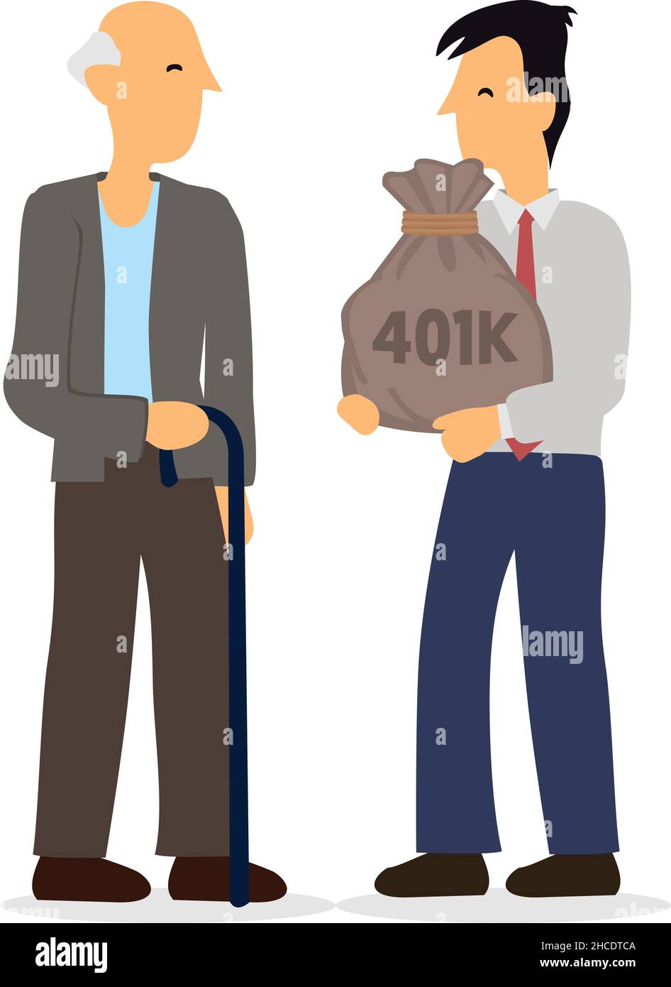 Mann, der dem alten Mann Pensionskasse gibt. Konzept des Pensionsfonds, 401k oder Roth IRA-Ersparnisse für ein glückliches Leben nach dem Ruhestand und finanzielle Freiheit. Stock Vektor Mann, der dem alten Mann Pensionskasse gibt. Konzept des Pensionsfonds, 401k oder Roth IRA-Ersparnisse für ein glückliches Leben nach dem Ruhestand und finanzielle Freiheit. Stock Vektor