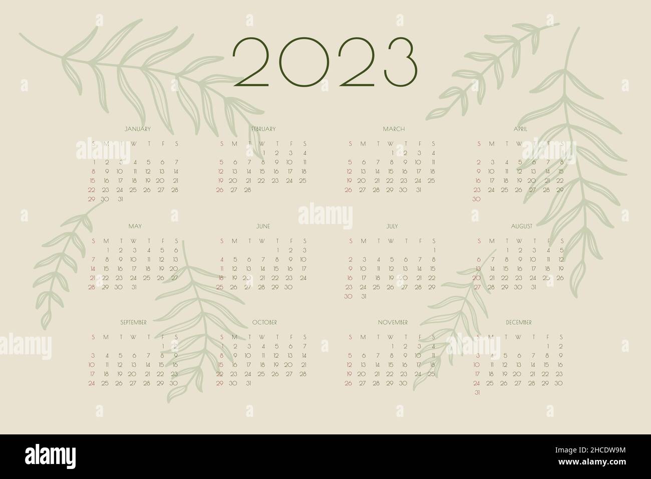 2023 Kalender mit handgezeichneten Blättern und Zweigen, Planer Organizer Vorlage in grün natural Eco Stil . Stock Vektor