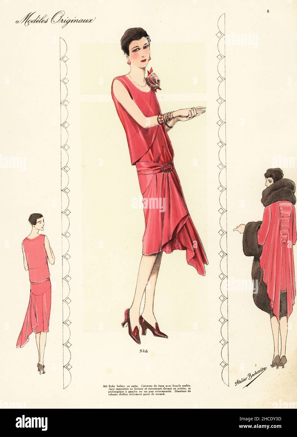 Roter Bolero-Kittel aus Satin und Samt-Chiffon mit Fuchsband. Robe Bolero und Satin. Manteau de velours Chiffon richement garni de renard. Handkolorierte Lithographie aus Beaux-Arts des Modes: Modelles originaux, Hiver 1928 (Moden der bildenden Künste: Originalmodelle, Winter 1928), Verlag Chic Parisien, Atelier Bachwitz, Paris, Band 6, Nummer VII, November 1927. Stockfoto