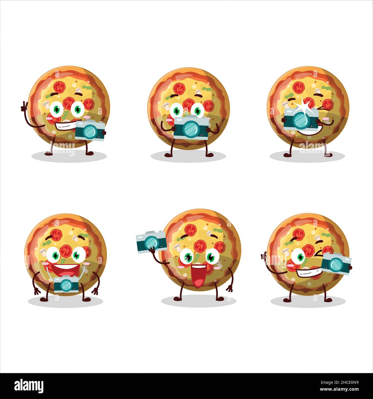 Fotograf Beruf Emoticon mit Pizza Gummy Süßigkeiten Cartoon-Figur. Vektorgrafik Stock Vektor