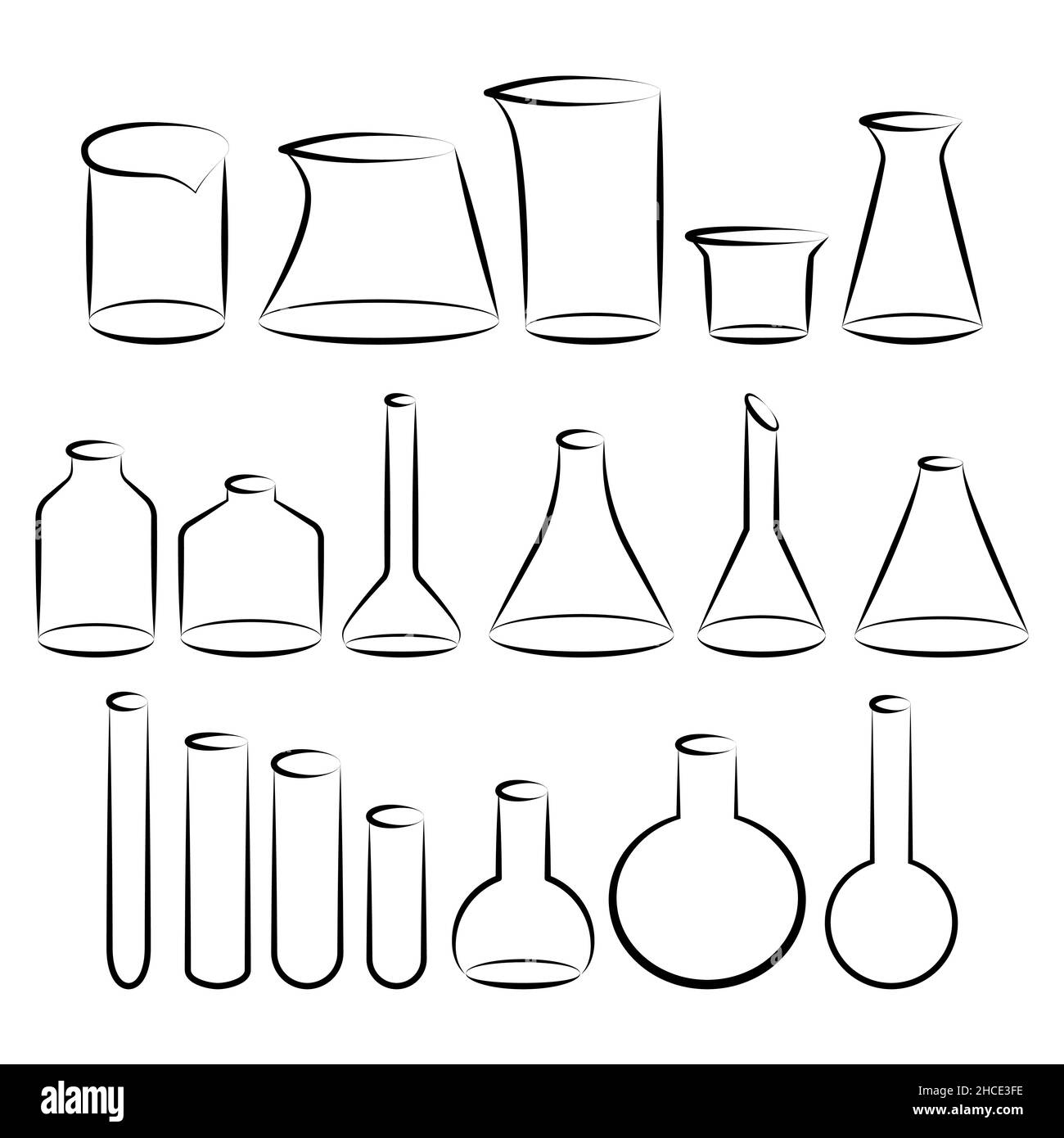 Vektorsymbole in verschiedenen Größen, Formen und Arten von chemischen Reagenzgläsern setzen minimalistische Illustrationen ein. Experimentieren Sie mit chemischen Kolben für wissenschaftliches Isol Stock Vektor