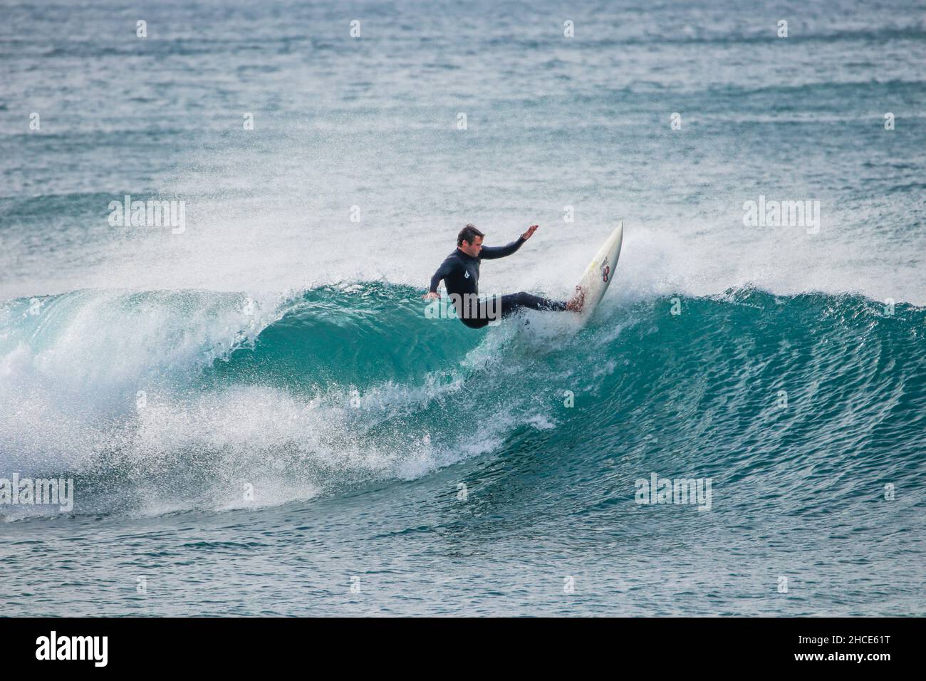 Surfer auf einer perfekten Welle an sonnigen Tagen Stockfoto