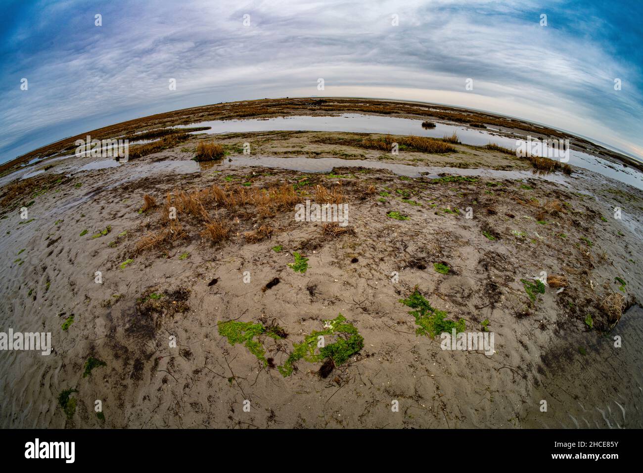 Blick auf die Küste an einem Wintertag mit einer Fischaugenlinse Stockfoto