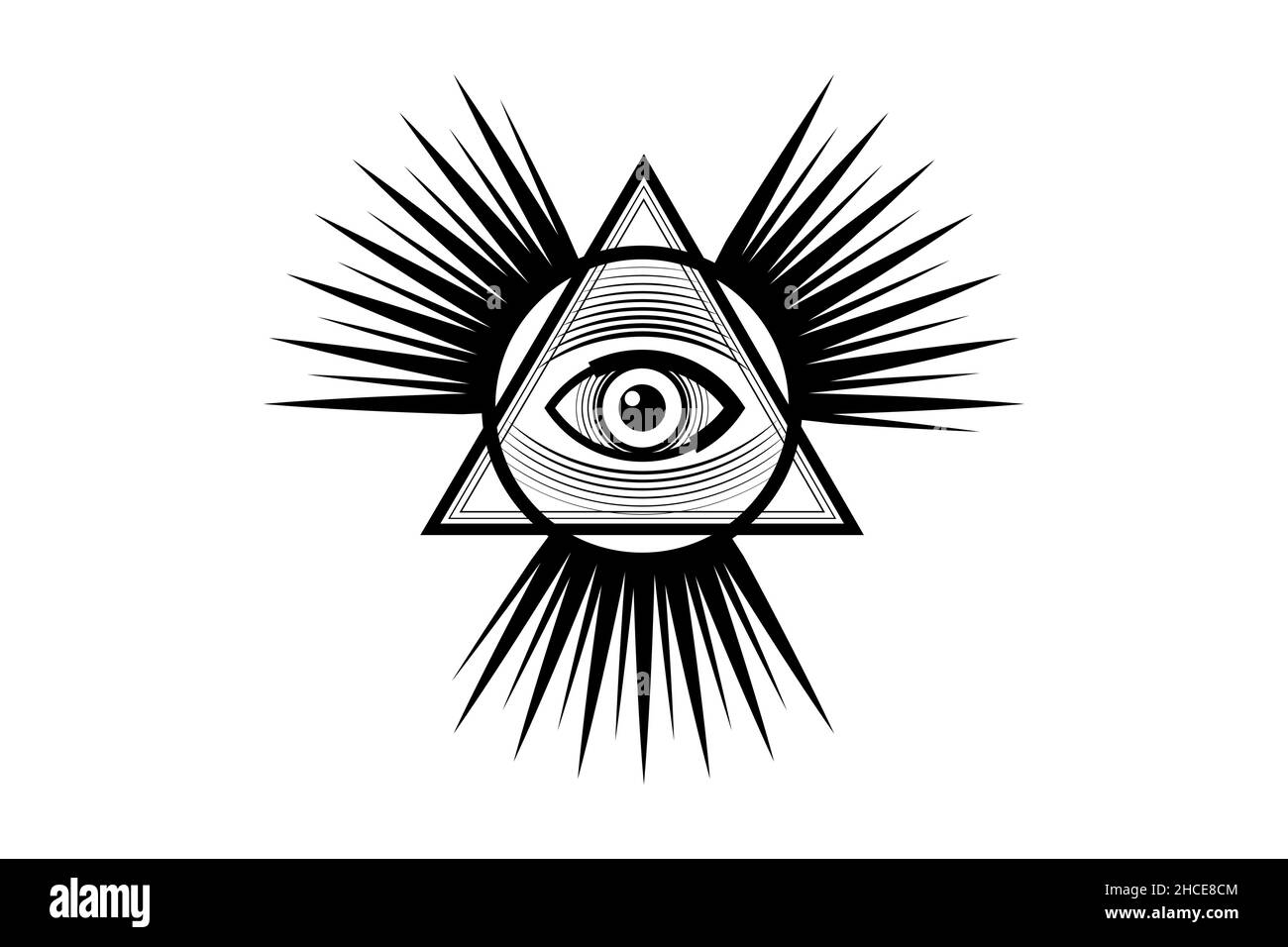 Heiliges Freimaurer-Symbol. Alles sehende Auge, das dritte Auge, das Auge der Vorsehung, in der Dreieckspyramide. Neue Weltordnung. Schwarze Ikone Alchemie, Religion, s Stock Vektor