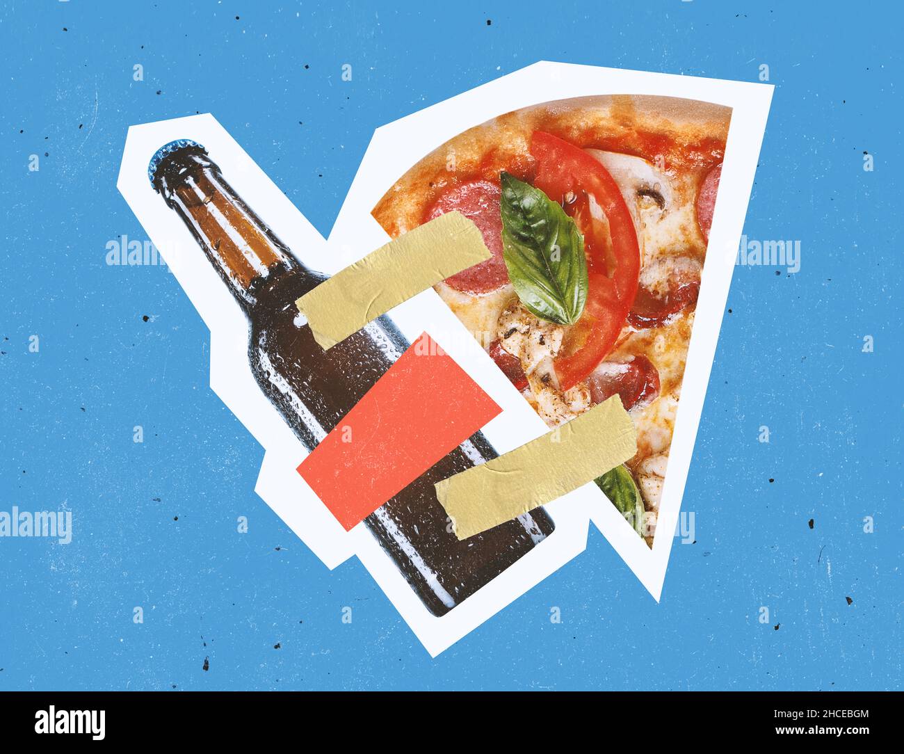 Modernes Design, zeitgenössische Kunstcollage. Inspiration, Idee, trendiger urbaner Zeitschriftenstil. Bier und Snacks mit Fingerband geklebt Stockfoto