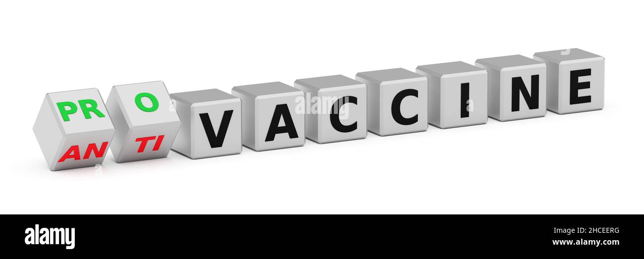 Anti сoronavirus Covid-19-Impfstoffkonzept. Würfel mit Worten: Impfung, Anti, Pro. 3D Rendern Stockfoto