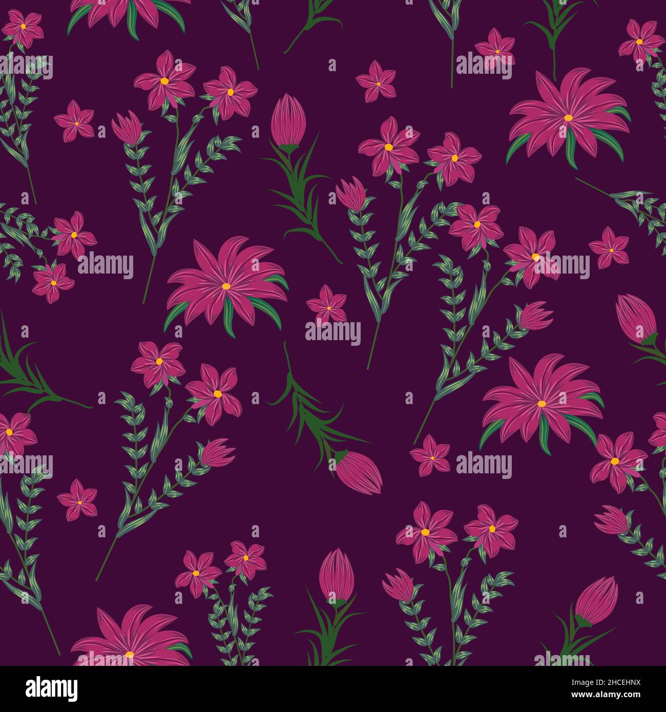 Nahtlose Muster mit lila Blumen, Vektor-Hintergrund, Pflanzen, botanisches Design für Mode, Stoff, Tapete Stock Vektor