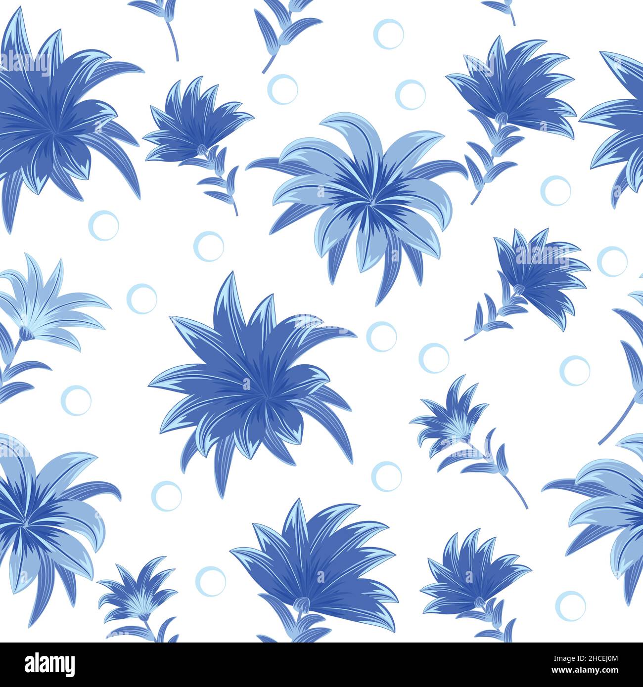 Nahtloses Muster mit blauen Blüten auf weißem Hintergrund. Florale dekorative Illustration Vektor, für Druck-Design Stock Vektor
