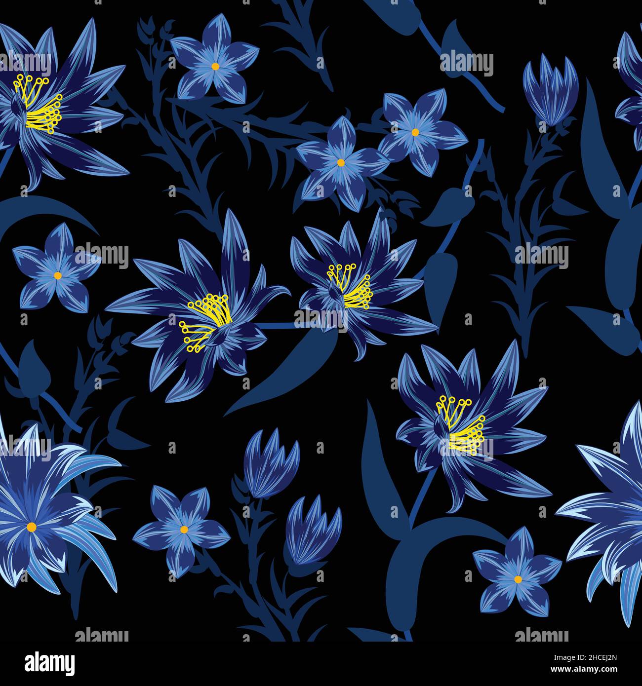 Nahtloses Muster mit blauen Blüten auf schwarzem Hintergrund. Florale dekorative Illustration Vektor, für Druck-Design Stock Vektor