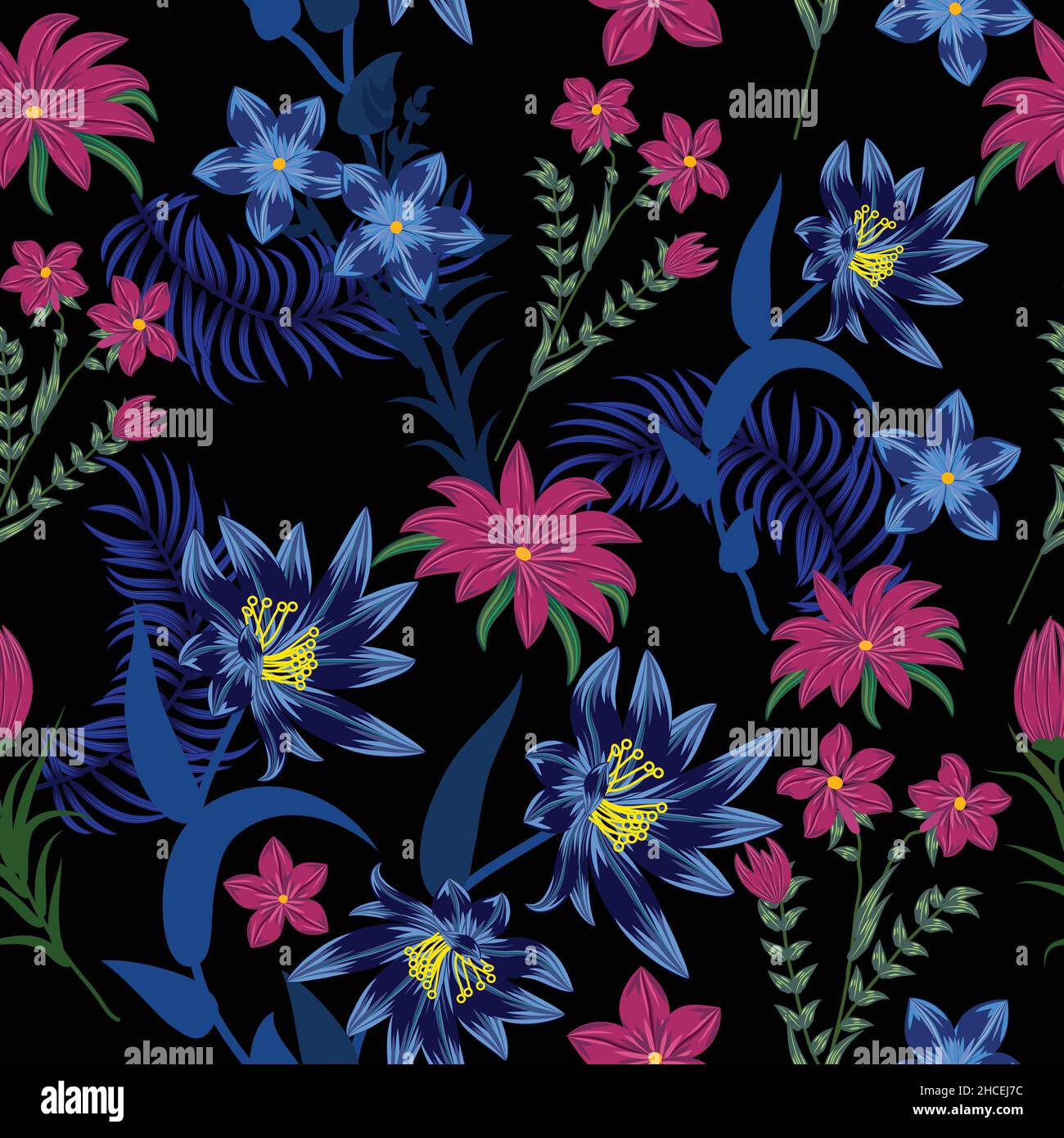 Nahtloses Muster mit blauen und violetten Blumen, Vektor-Hintergrund, Pflanzen, botanisches Design für Mode, Stoff, Tapete Stock Vektor