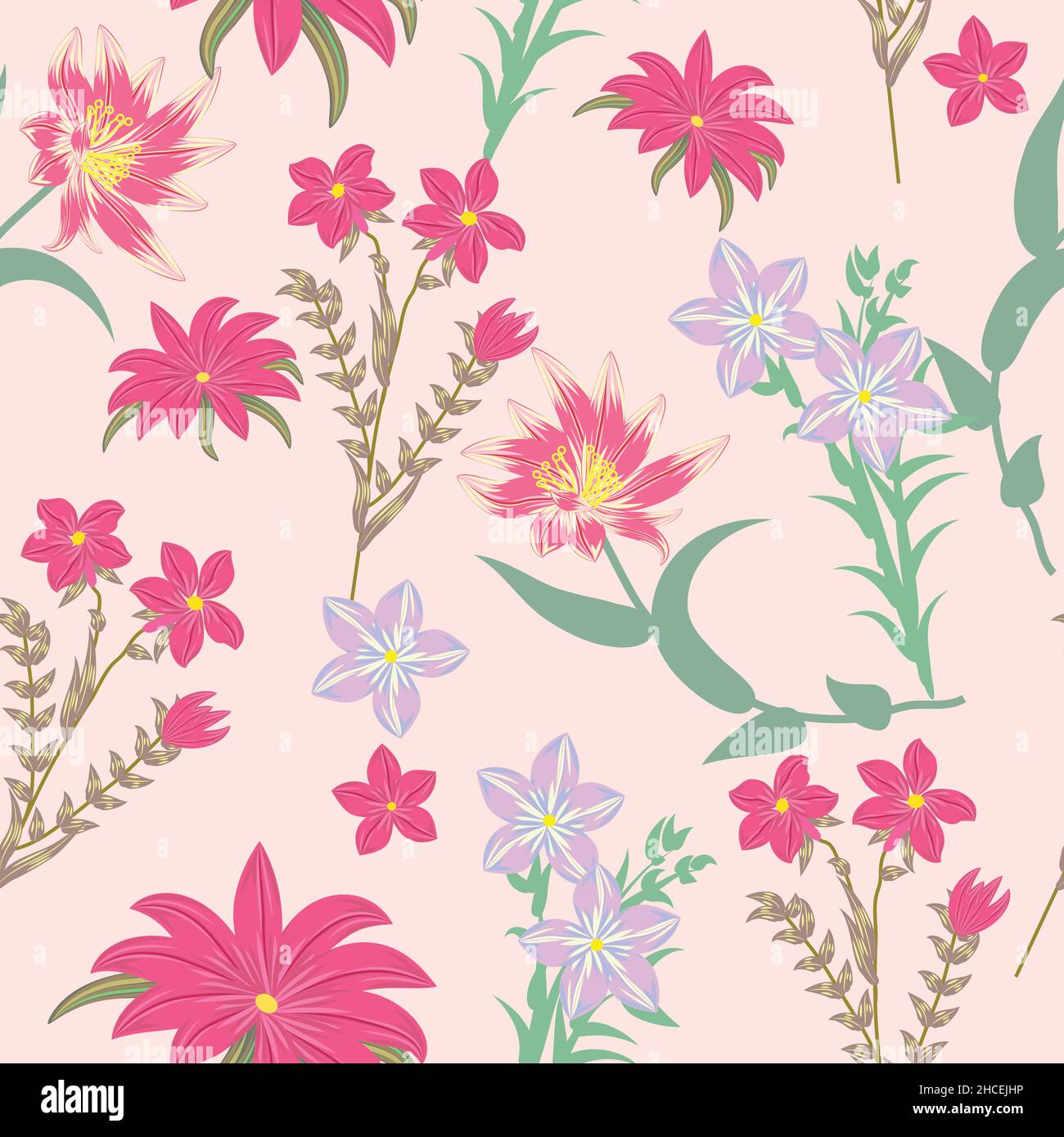 Nahtloses Muster mit rosa Blumen, Vektor-Hintergrund, Pflanzen, botanisches Design für Mode, Stoff, Tapete Stock Vektor