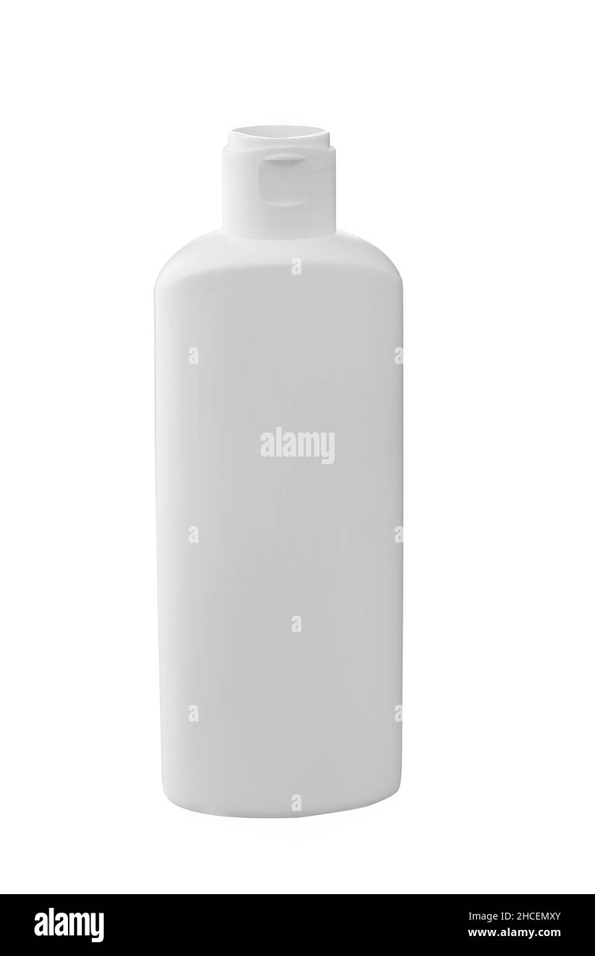 Weiße Plastikflasche. Isoliertes Objekt auf weißem Hintergrund. Layout für Logo. Kosmetisch oder antiseptisch. Vorderansicht. Stockfoto