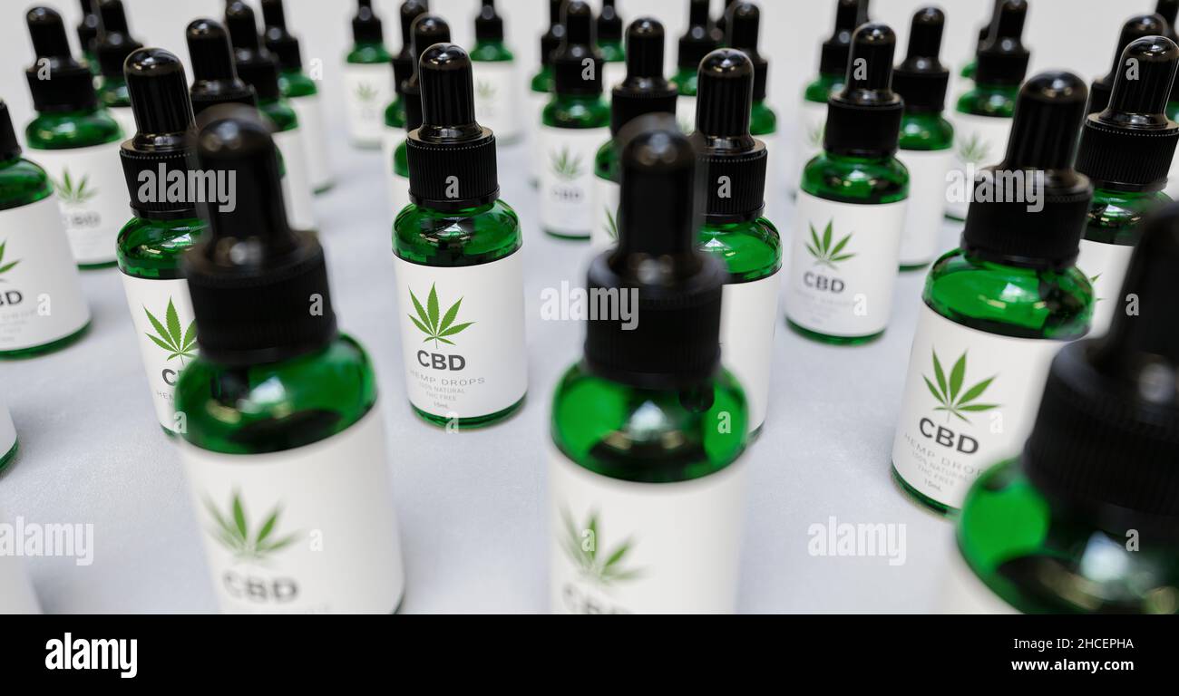 Viele Flaschen voll-Spektrum-Cannabisöl in Tropf. Konzept der pflanzlichen alternativen Medizin, cbd-Öl, Pharmaindustrie Stockfoto