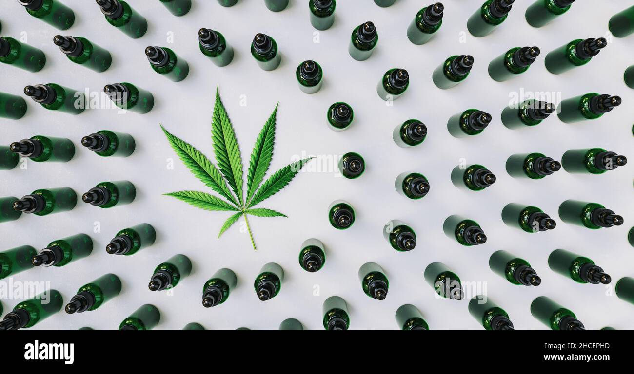 CBD, Cannabidiol-Ölflaschen mit einem Hanfblatt. Konzept der pflanzlichen alternativen Medizin, cbd-Öl, Pharmaindustrie Stockfoto