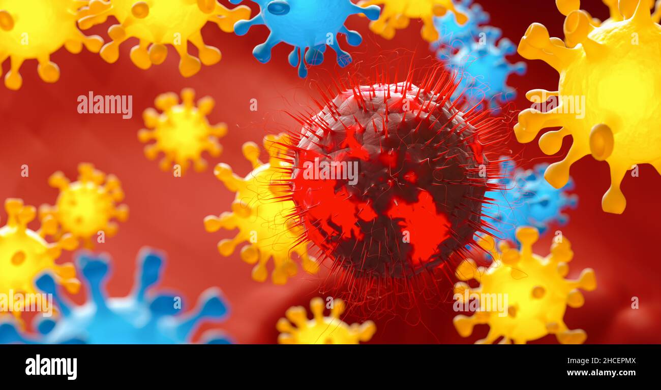 Coronavirus Coronavirus-Konzept, das für den Ausbruch der asiatischen Grippe und Coronaviren Influenza als gefährliche Grippesteimfälle als Pandemie verantwortlich ist. Mikroskop Stockfoto