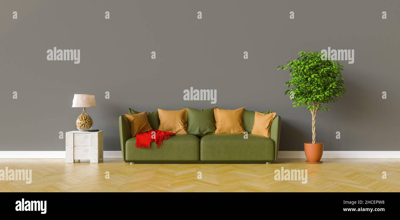 Sofa in einem Wohnzimmer auf einer dunkelgrauen Wand mit Kopierplatz an der Wand für Leinwand Stockfoto