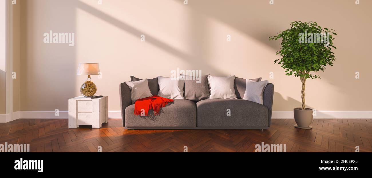 Weißes Sofa mit zwei Kissen im leeren Raum vor der leeren Wand Stockfoto