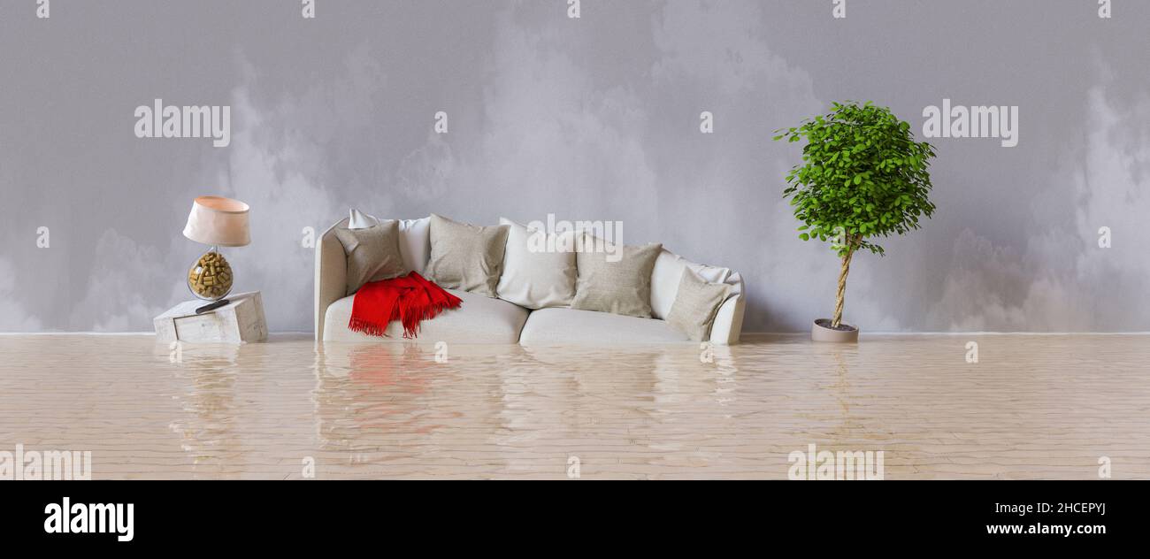 Wasserdammer nach Überschwemmung im Haus mit schwebenden Möbeln Stockfoto