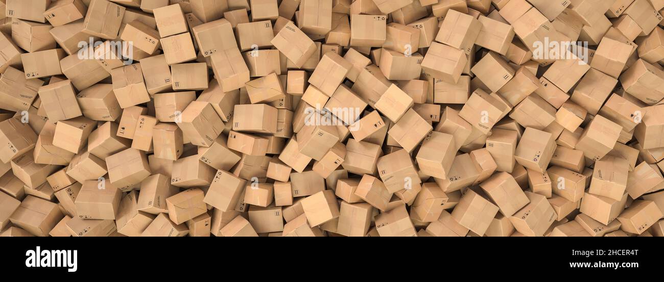 Stapel von Kartons Hintergrund Header, Logistik und Lieferung Konzept Bild Stockfoto