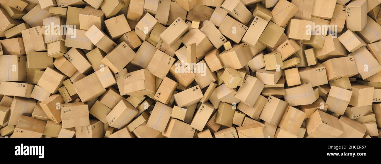 Distributionslager, Paketversand, Gütertransport, Logistik- und Lieferkonzept, Hintergrund mit Haufen von Kartons und Paketen, Stockfoto