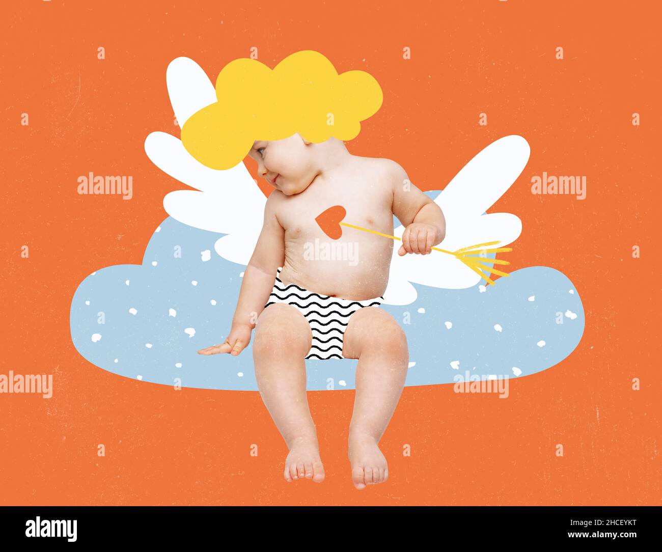 Zeitgenössische Kunstcollage von Baby Boy, Little Love Cupid sittingon clod und senden Liebe isoliert über orane Hintergrund Stockfoto