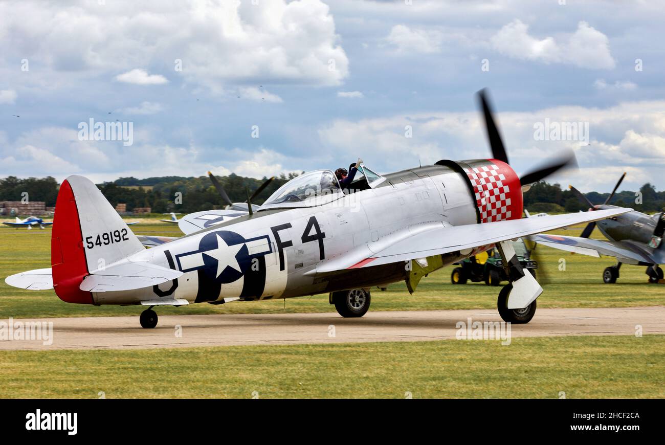 Republic P-47D Thunderbolt (G-THUN) bei der Flying Legends Airshow 2019, die am 14th. Juli 2019 im Imperial war Museum, Duxford, stattfand Stockfoto