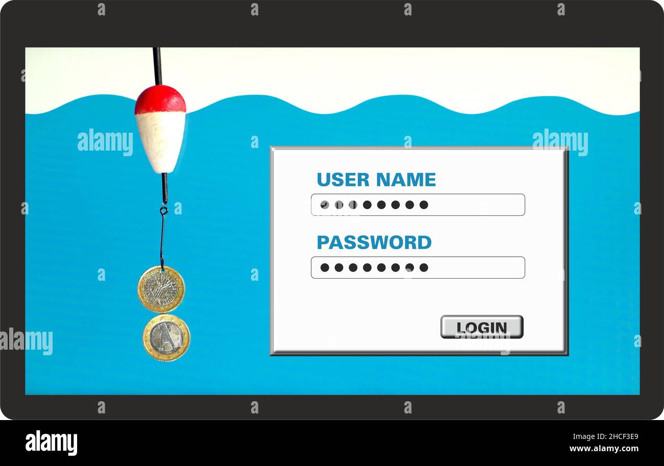 Phishing oder Informationen und persönliche Sicherheit. Echter Schwimmer und Haken zum Angeln, sowie echtes Geld (Euro) Stockfoto
