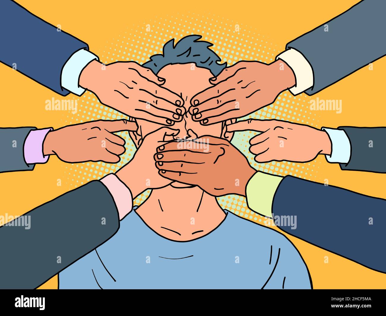 Hände bedecken Augen, Ohren und Mund einer Person, Zensur und Einschränkungen der Redefreiheit Stock Vektor