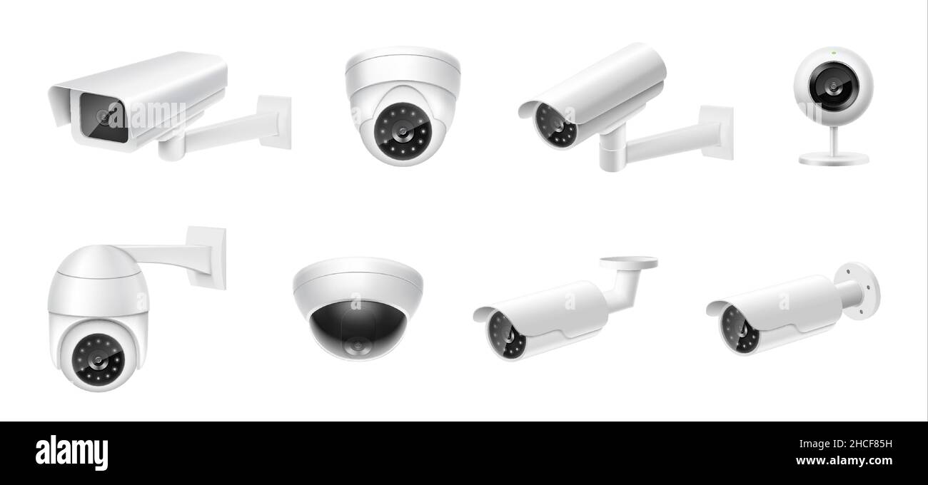Closed-Circuit-TV-Kameras realistisch eingestellt. Externes cctv. Überwachungsgeräte. Sicherheitsüberwachungssystem für Smart Home, Unternehmen. Vektorrea Stock Vektor