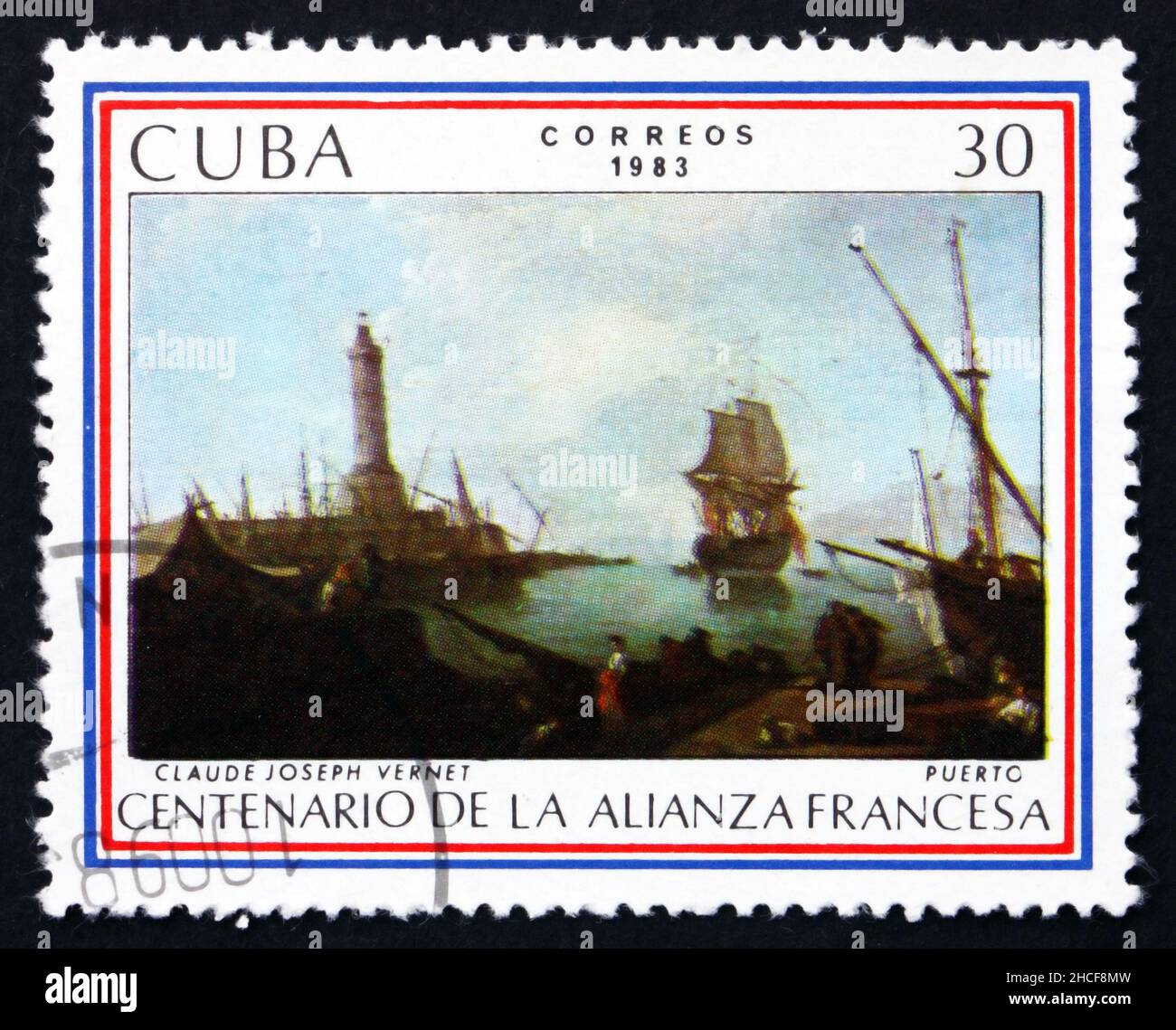KUBA - UM 1983: Eine auf Kuba gedruckte Marke zeigt den Hafen, Gemälde von Claude Joseph Vernet, 100. Jahrestag der französischen Allianz, um 1983 Stockfoto
