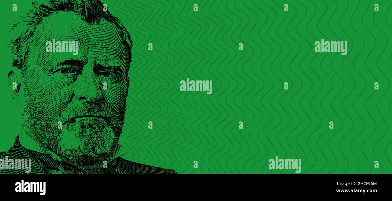 Das Porträt des Präsidenten Grant von einem 50-Dollar-Schein auf einem leeren grünen Hintergrund - Konzept der Finanzierung Stockfoto