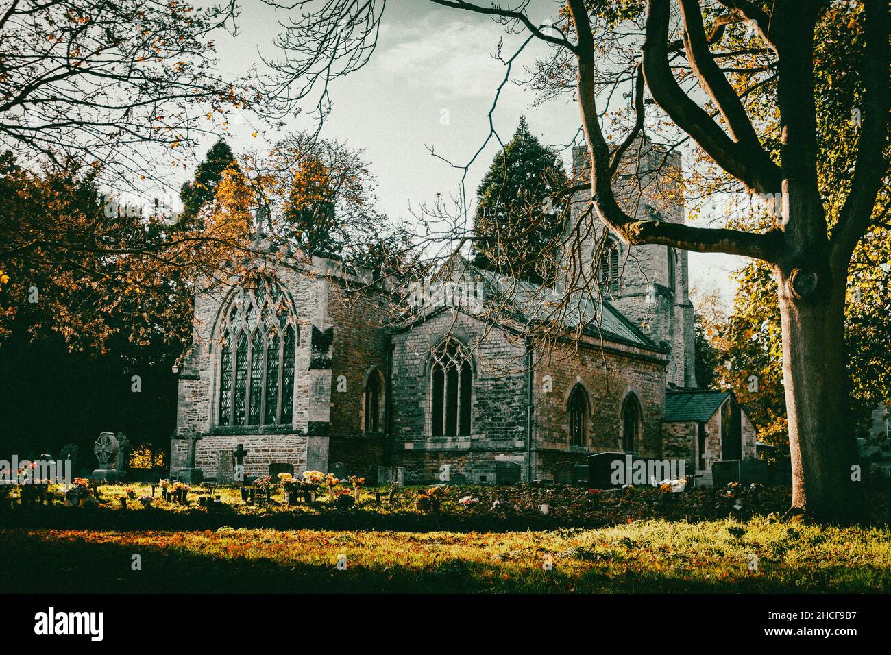 Alte Kirche und Friedhof im Wald. Stockfoto