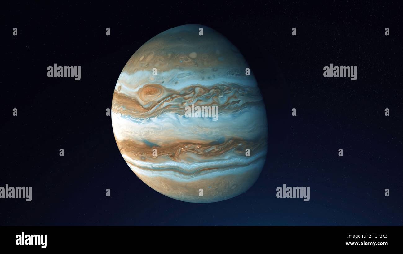 Abstrakter Planet Jupiter rotiert im Weltraum. Sonnenaufgang und -Untergang auf der bunten weißen und braunen Oberfläche des Planeten Jovian, nahtlose Schleife. Stockfoto
