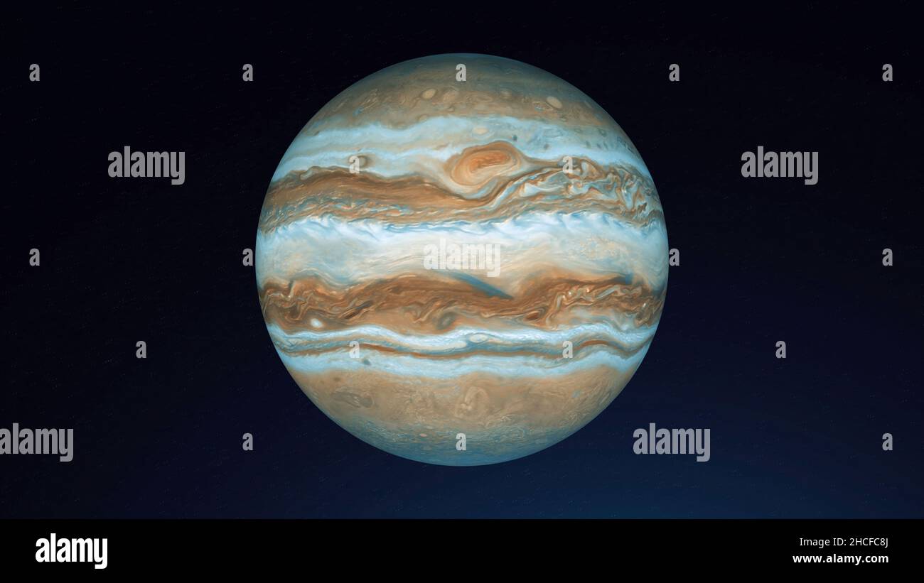 Abstrakter Planet Jupiter rotiert im Weltraum. Sonnenaufgang und -Untergang auf der bunten weißen und braunen Oberfläche des Planeten Jovian, nahtlose Schleife. Stockfoto