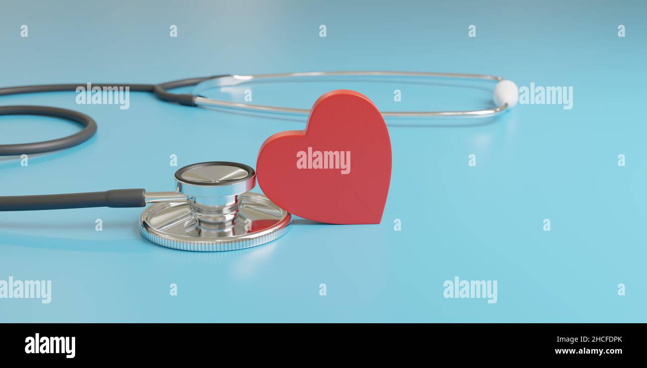 Stethoskop neben einer Herzform auf blauem Hintergrund. Kardiologisches Konzept. 3D Abbildung. Stockfoto