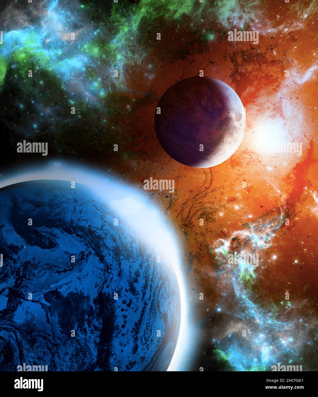 Planeten und Exoplaneten von unerforschten Galaxien. Sci-Fi. Neue Welten zu entdecken. Besiedlung und Erforschung von Nebel und Galaxien Stockfoto