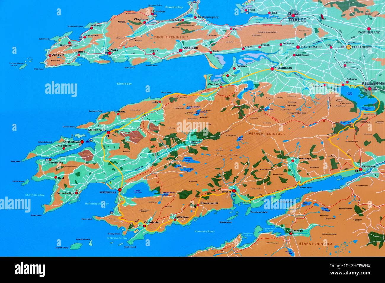 Karte der Iveragh-Halbinsel, Waterville Town, County Kerry, Irland Stockfoto