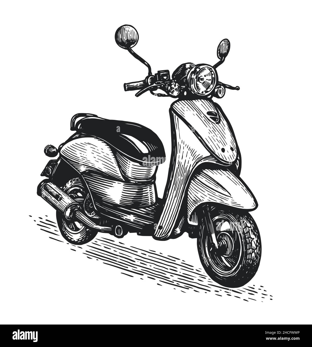 Handgezeichnete Skizze des Rollers. Retro Motorrad isoliert auf weißem Hintergrund. Detaillierte Vintage Radierung Stil Zeichnung Stock Vektor