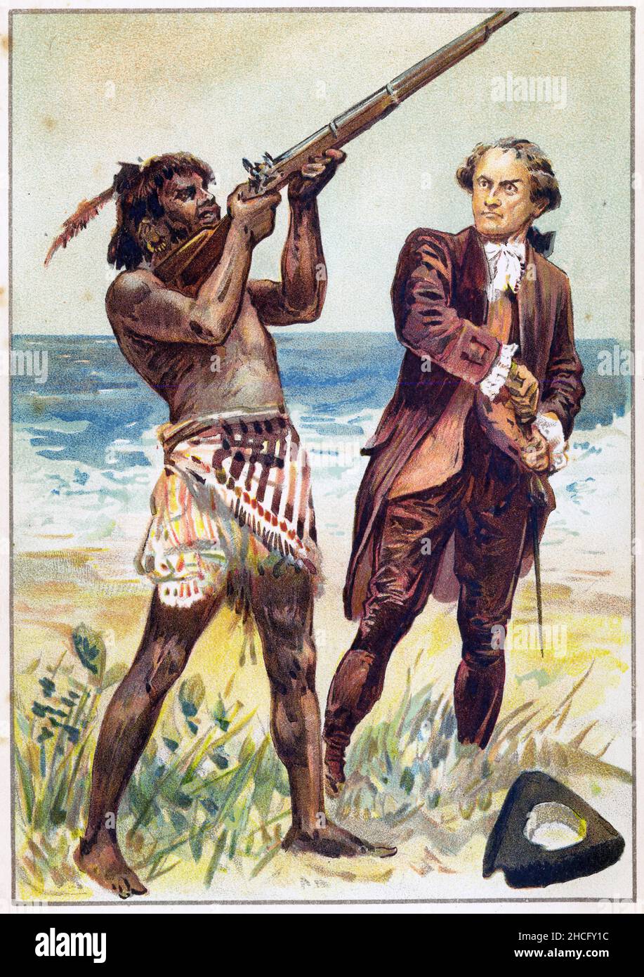 Romantierte Ansicht eines Maori-Kriegers, der während einer von Cooks Erkundungsexpeditionen Ende 1700s eine Muskete in Neuseeland ausprobiert, veröffentlicht um 1900 Stockfoto