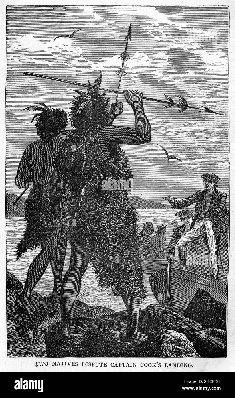 Zwei Ureinwohner bestreiten die Landung von Captain Cook während einer ihrer Erkundungsexpeditionen Ende 1700s, die um 1900 veröffentlicht wurden Stockfoto