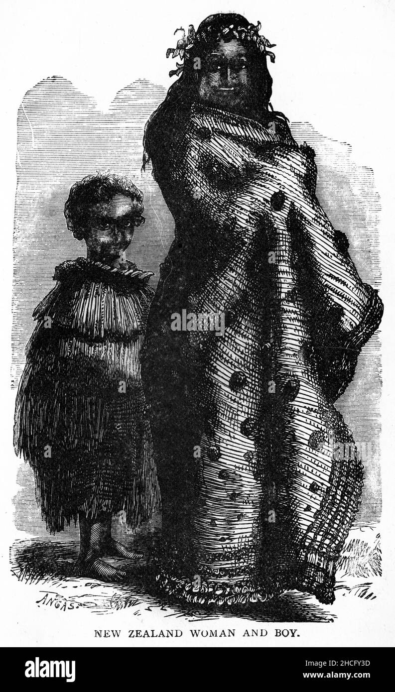 Neuseeländische Maori-Mutter und -Junge, die während einer von Cooks Erkundungsexpeditionen Ende 1700s skizziert wurden und um 1900 veröffentlicht wurden Stockfoto