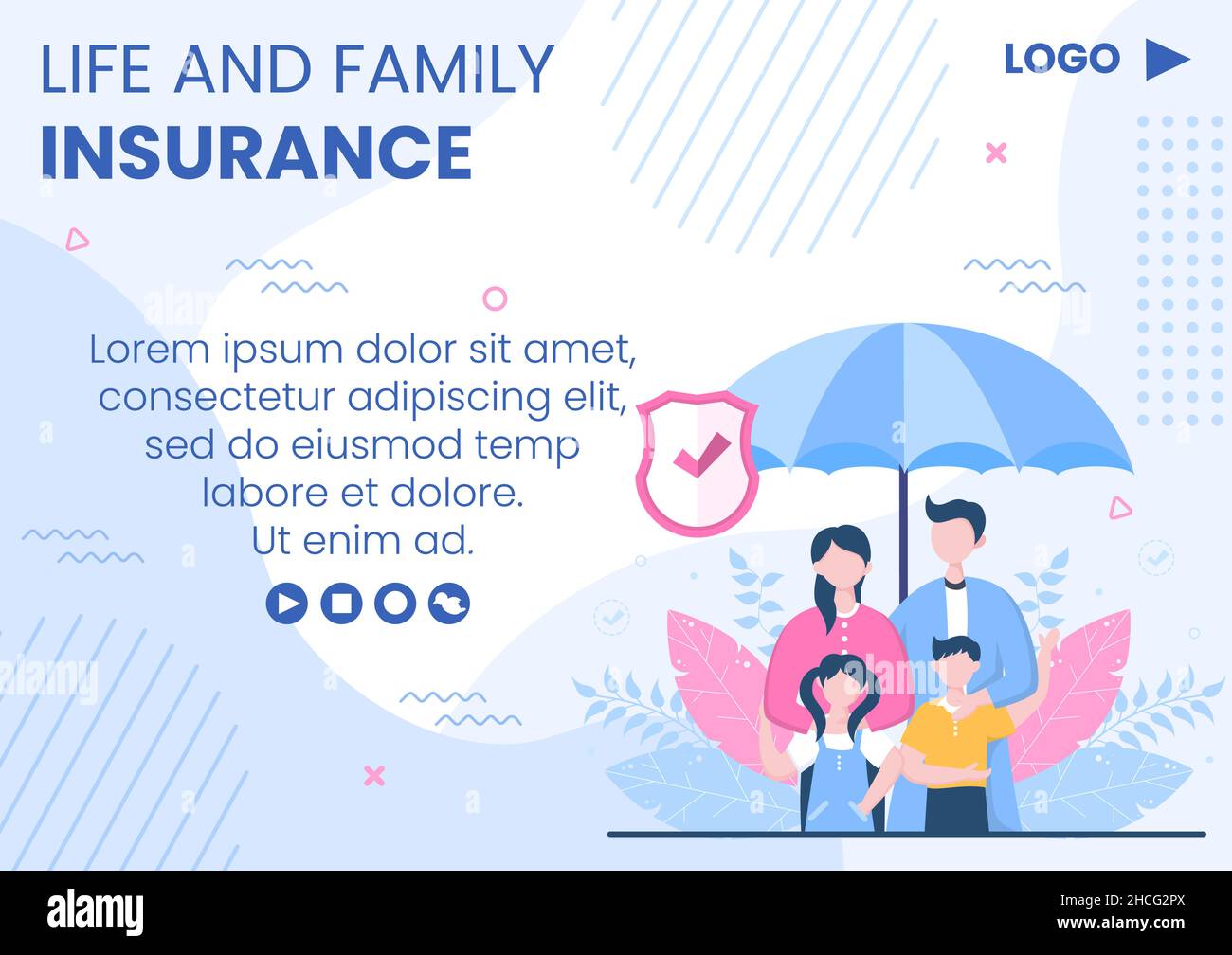 Familienleben Versicherung Broschüre Vorlage Flat Design editierbare Illustration quadratischen Hintergrund zu Social Media oder Grußkarte Stock Vektor