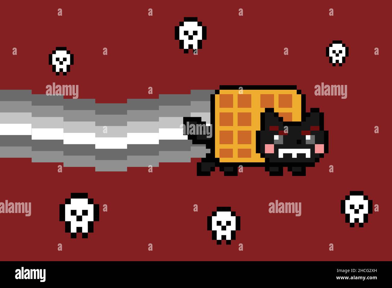 Böse schwarze Waffel Katze mit Rauch pixeligen Schädel Meme schweben auf rotem Hintergrund. Farbenfrohe 8-Bit-Pixel-Grafik. Flache digitale Vektorgrafik Stock Vektor