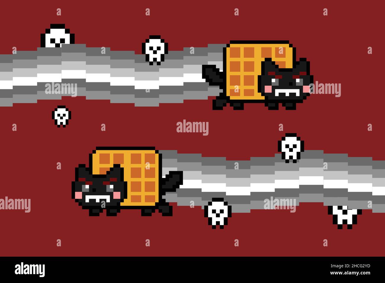 Böse schwarze Waffel Katze und Graustufen Rauch und Schädel Vektor Meme. Farbenfrohe 8-Bit-Pixel-Kunst. Flache digitale Vektorgrafik Stock Vektor