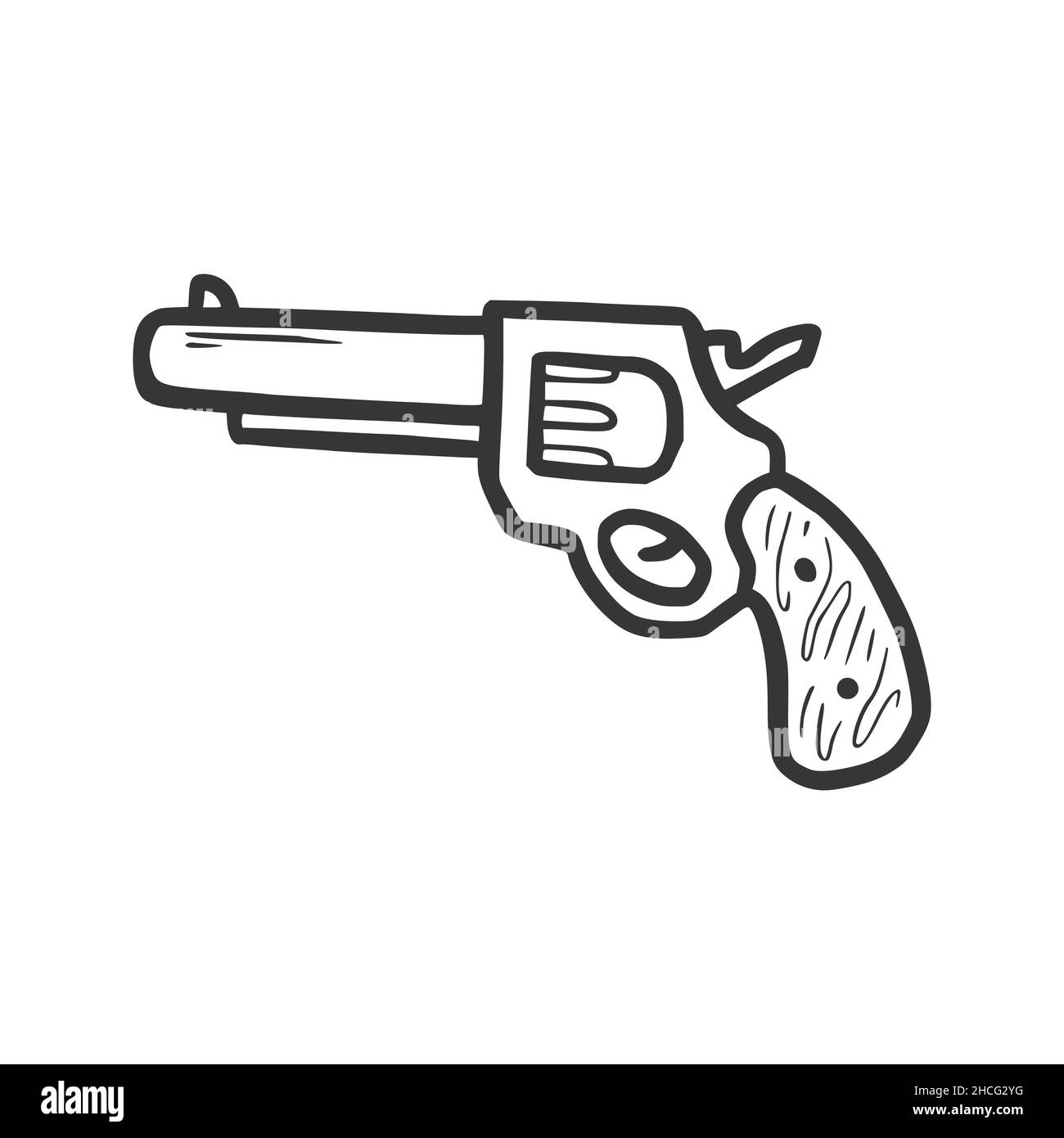 Handgezeichnetes Revolver-Pistolenelement. Comic-Doodle-Skizze. Cowboy, westliche Konzeptikone. Isolierte Vektordarstellung. Stock Vektor