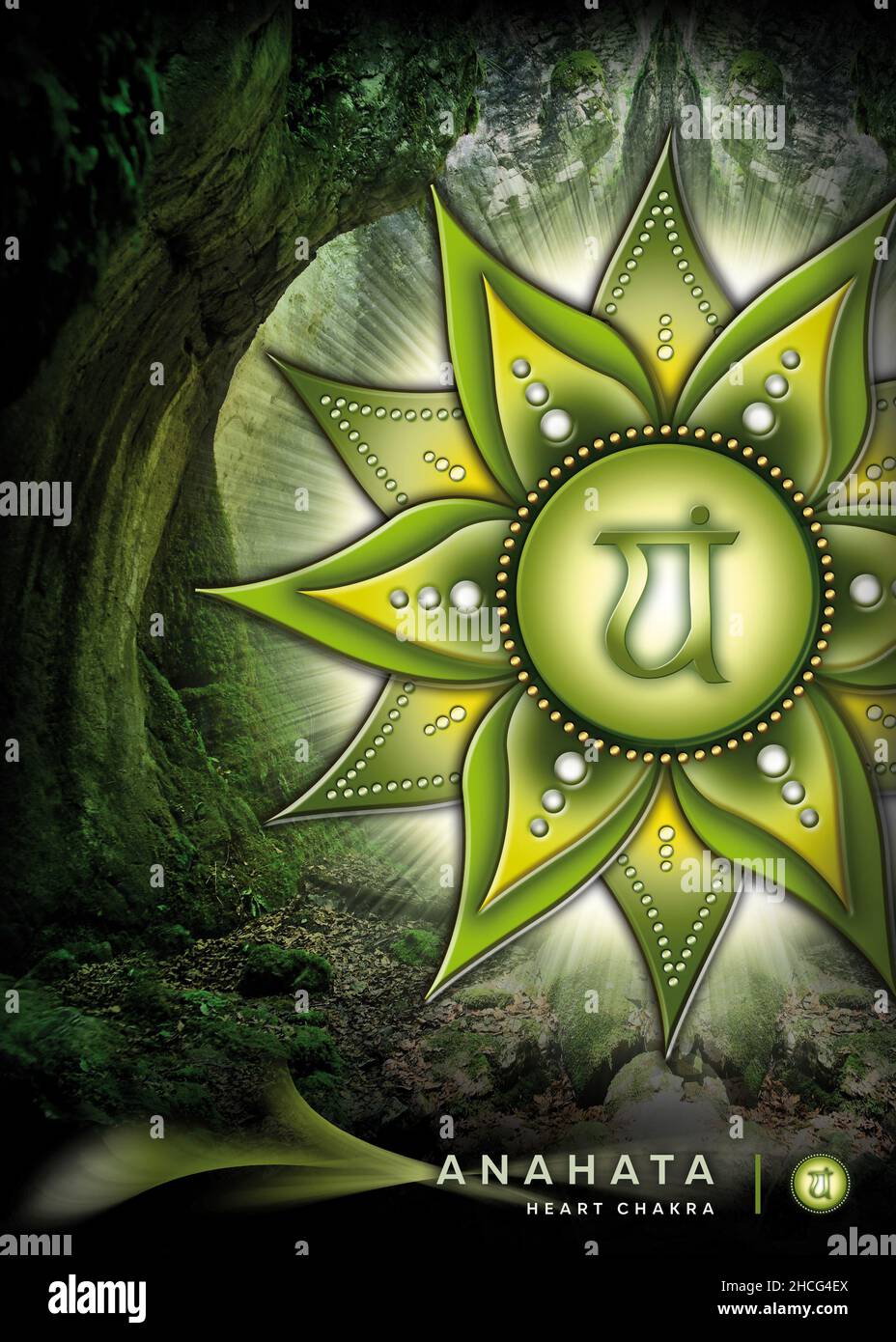 Poster, Tapete mit Herz-Chakra-Symbol (Anahata). Kunstwerke mit mystischen Naturelementen und Landschaften. Stockfoto