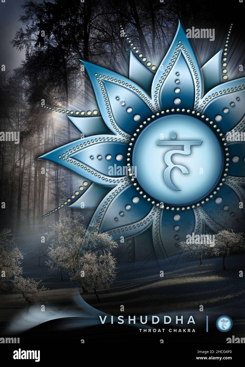 Poster, Tapete mit Kehlkopfchakra-Symbol (Vishuddha). Kunstwerke mit mystischen Naturelementen und Landschaften. Stockfoto