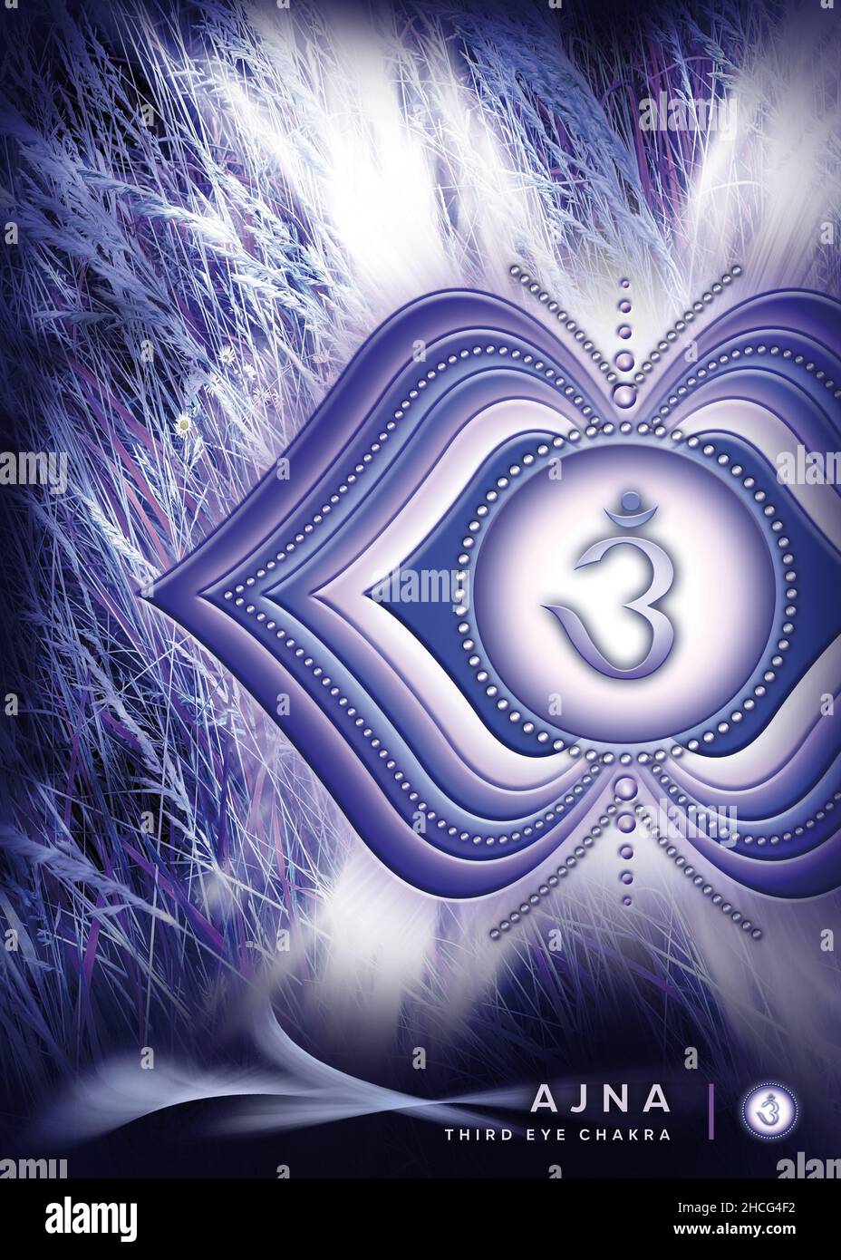 Poster, Wallpaper mit dem Symbol des dritten Auges (Ajna). Kunstwerke mit mystischen Naturelementen und Landschaften. Stockfoto